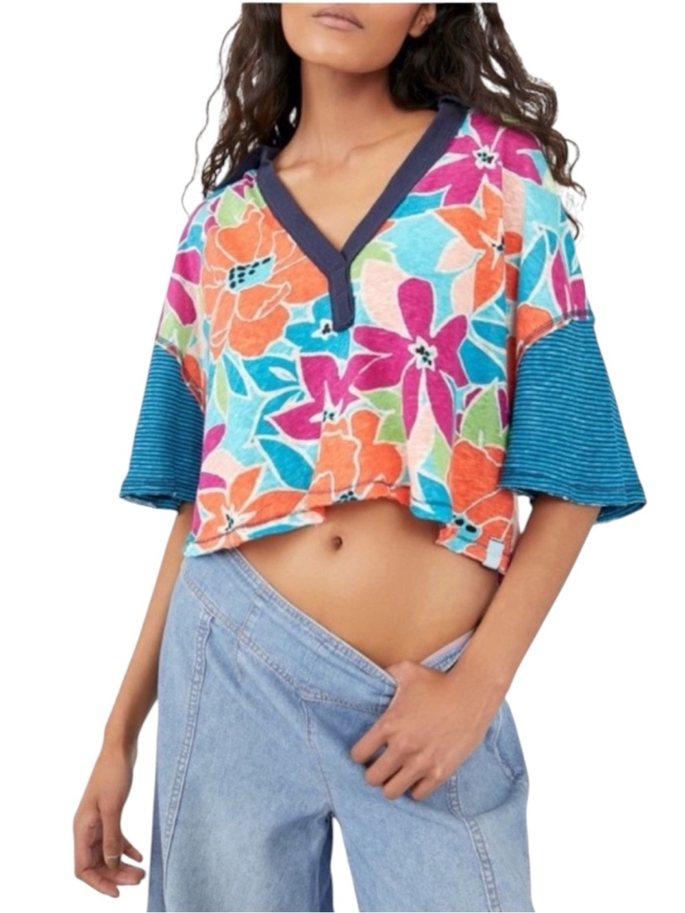 Free People On a Boat Crop V-Neck Polo Floral Top - Multicolor NWT Size M